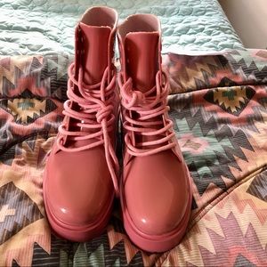 Pink Lace-up Wellie Boots